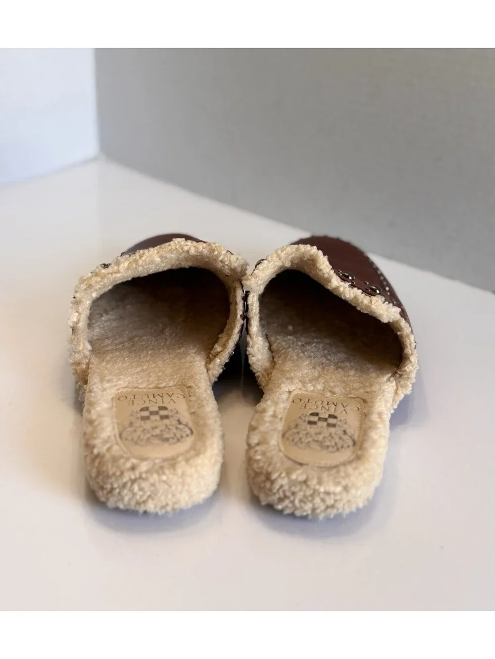 Vince Camuto Alvintal Faux Fur Studded Mules Women's Sz 8M Brown Leather Comfort